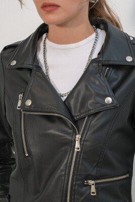 1025 Suni Deri Biker Ceket - Siyah - 6
