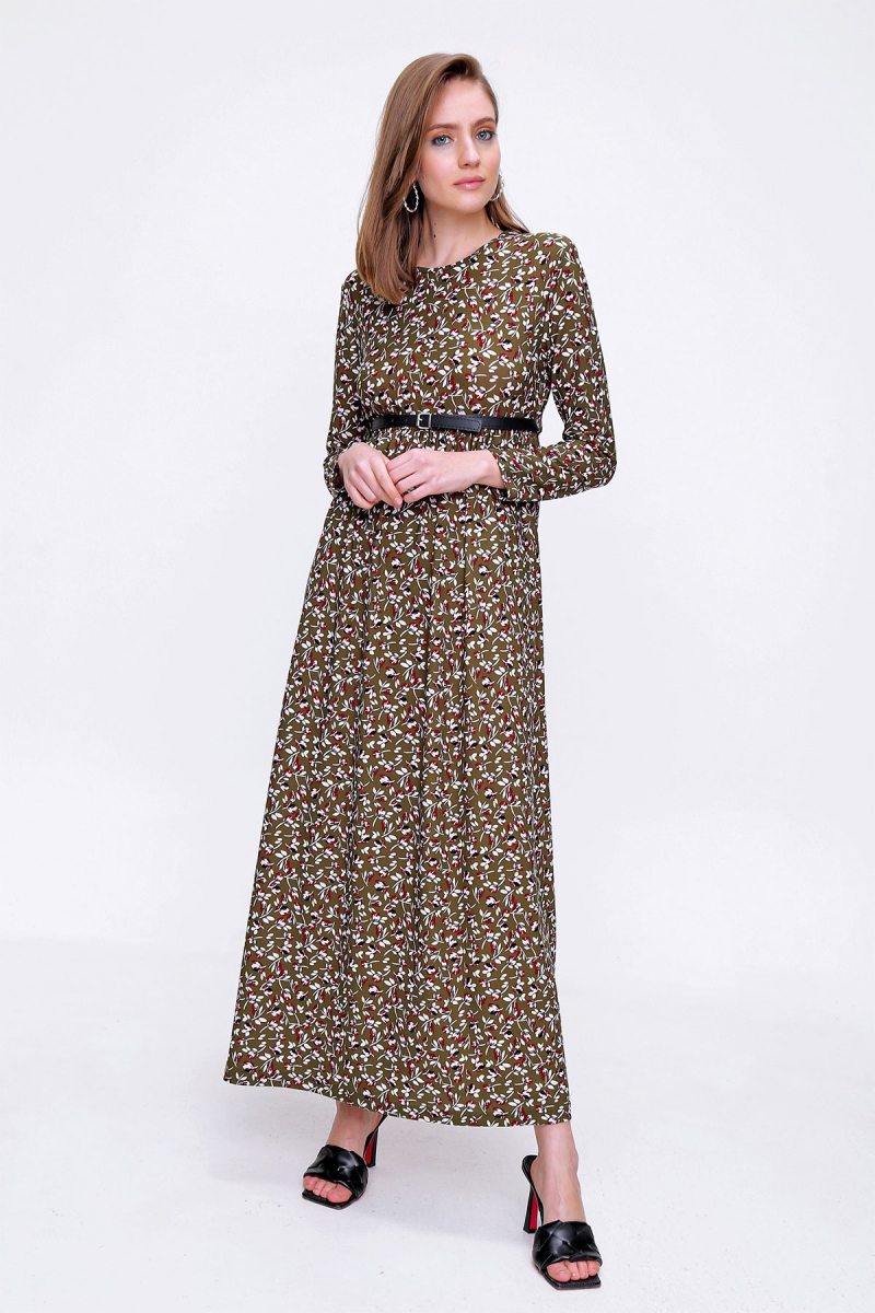 10294 Desenli Tesettür Elbise - Haki - BİGDART