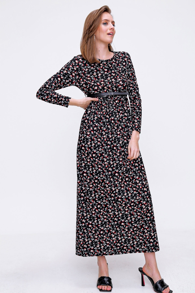 10294 Desenli Tesettür Elbise - G. Siyah - BİGDART