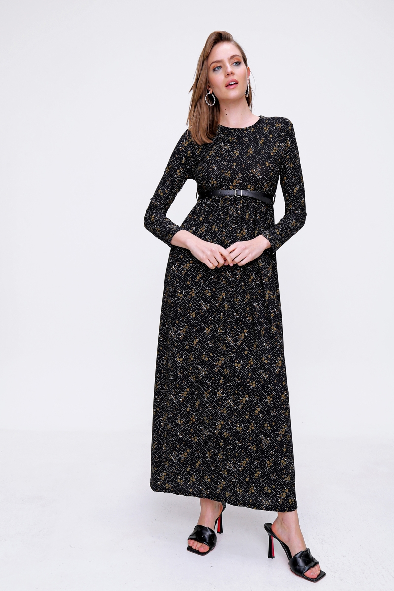 10294 Desenli Tesettür Elbise - Siyah - BİGDART