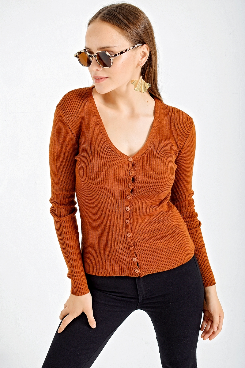 10297 Düğmeli Triko Hırka - Kiremit - BİGDART