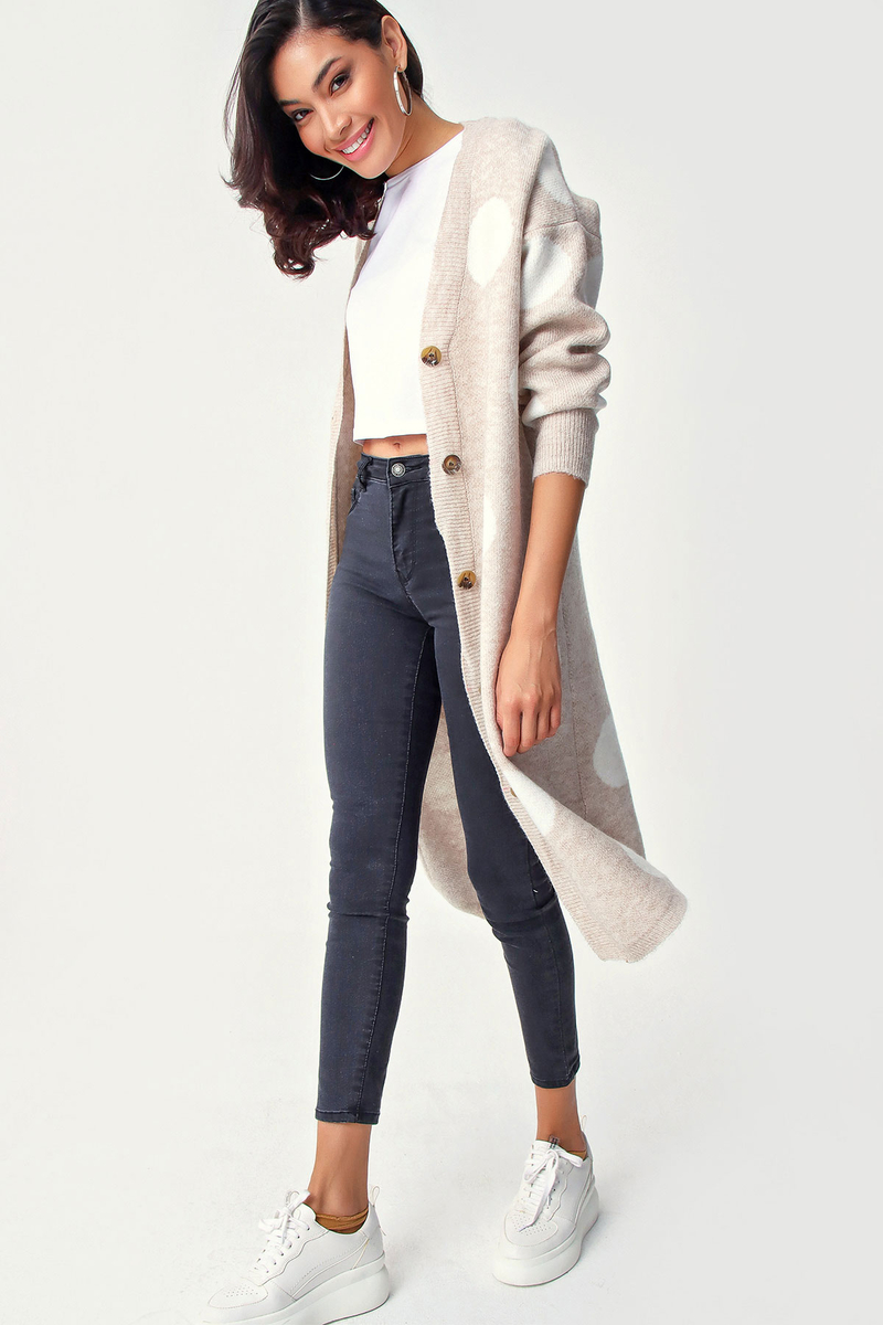 10299 Puanlı Uzun Triko Hırka - Bej - BİGDART