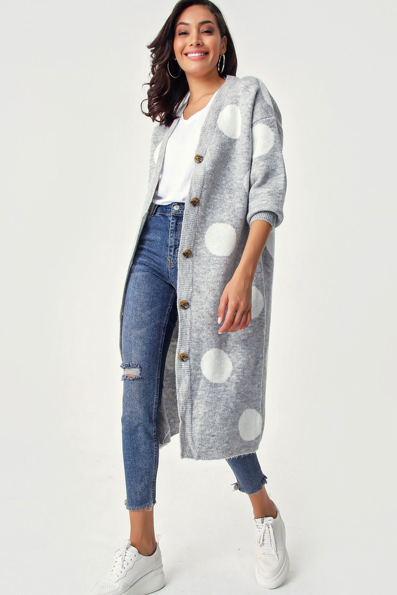 10299 Puanlı Uzun Triko Hırka - Gri - BİGDART