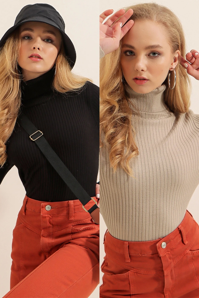 10311 Balıkçı Yaka Triko Kazak - Siyah - Taş - BİGDART