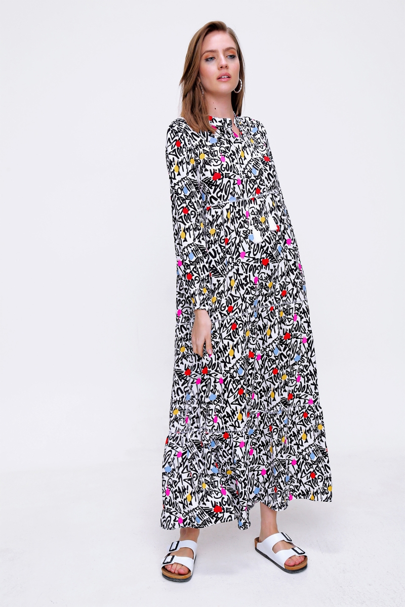 10313 Volanlı Tesettür Elbise - B.Beyaz - BİGDART