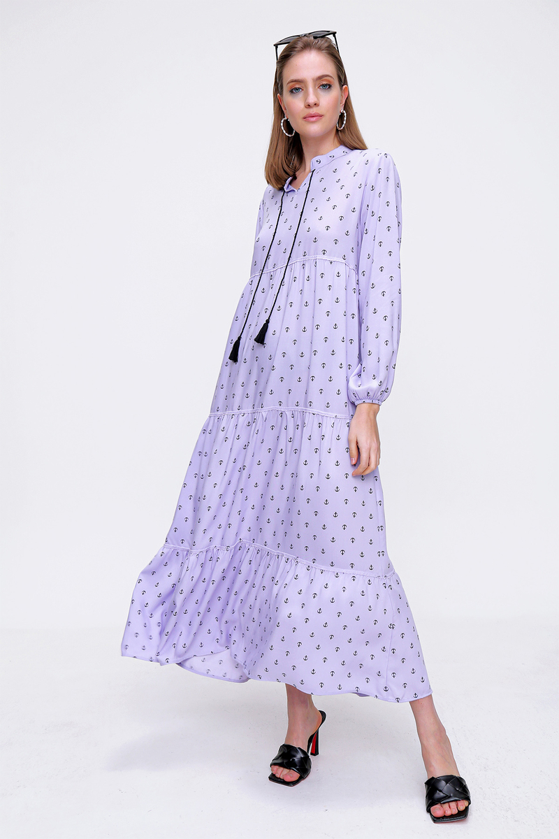 10313 Volanlı Tesettür Elbise - Eflatun - BİGDART