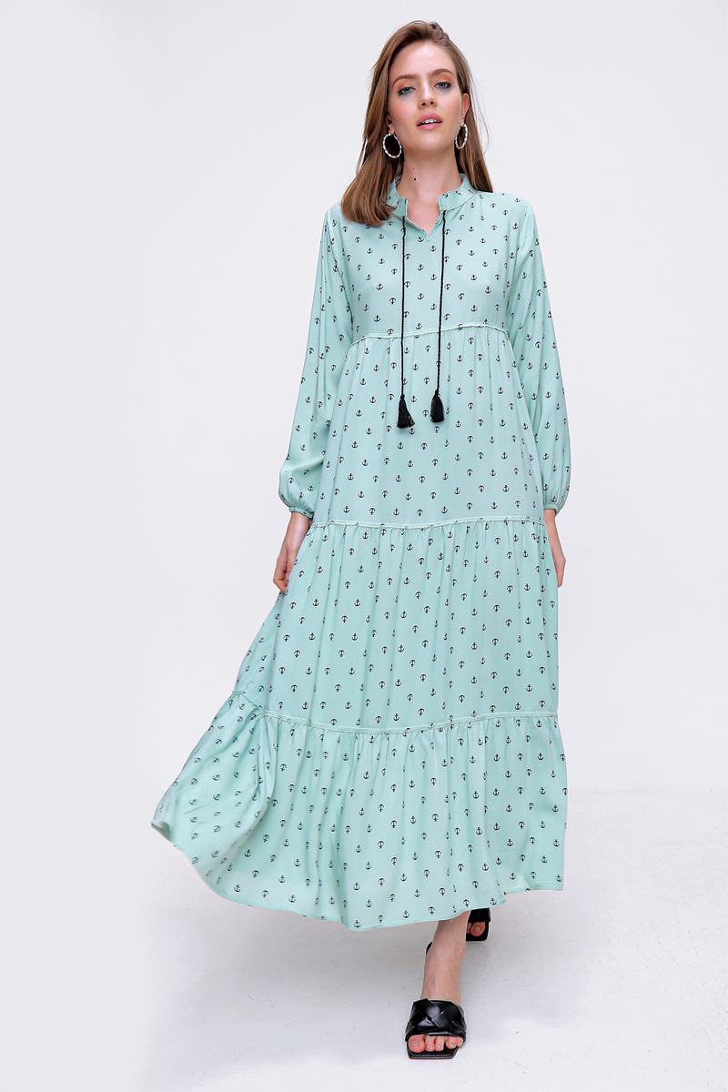 10313 Volanlı Tesettür Elbise - Çağla - BİGDART