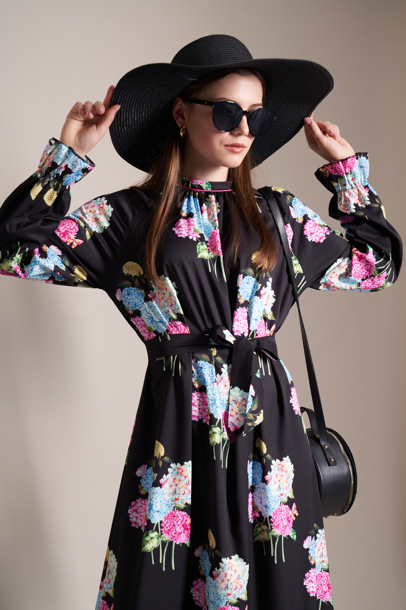 10320 Ortanca Çiçek Desen Boydan Elbise - Siyah - BİGDART