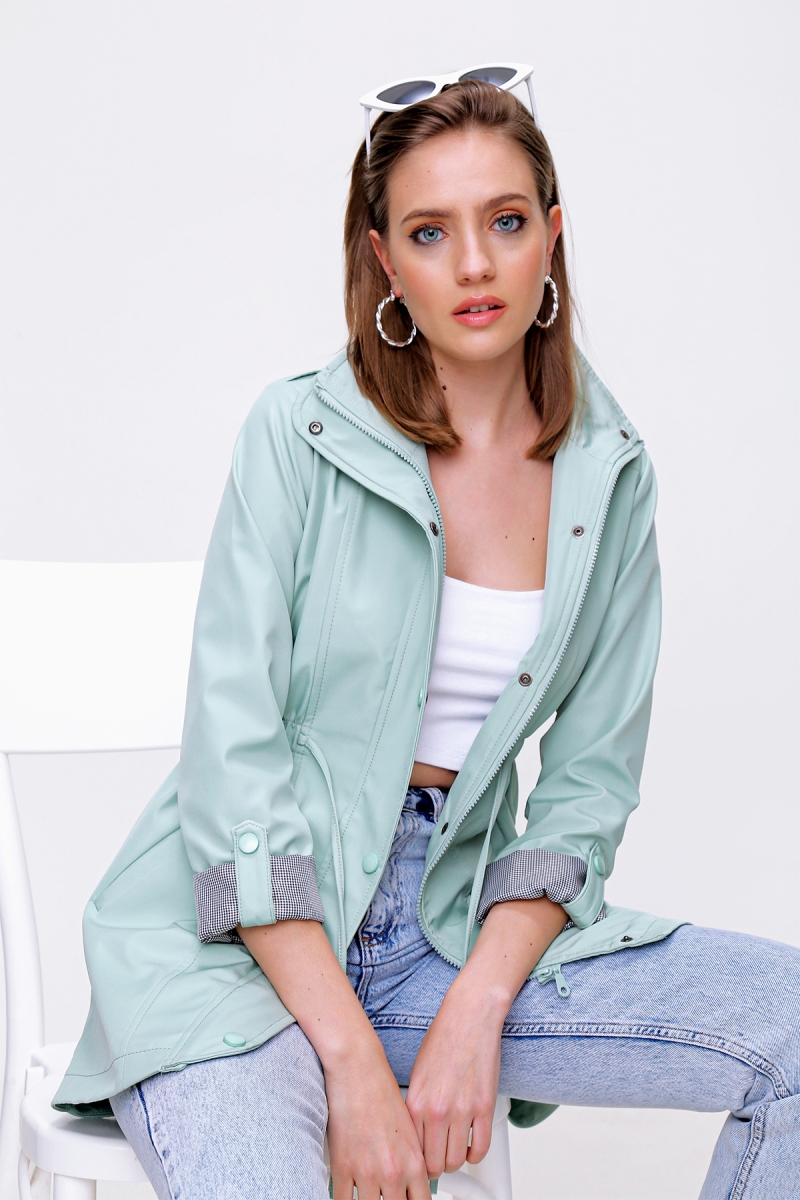 10322 Beli Büzgülü Trençkot - Mint - BİGDART