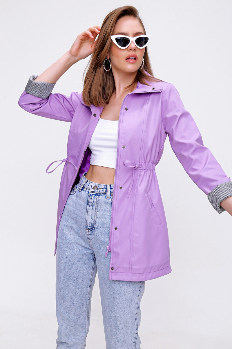 10322 Beli Büzgülü Trençkot - Lila - BİGDART