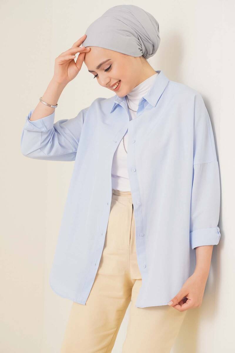 103901 Oversize Basic Tesettür Gömlek - Açık Mavi - BİGDART