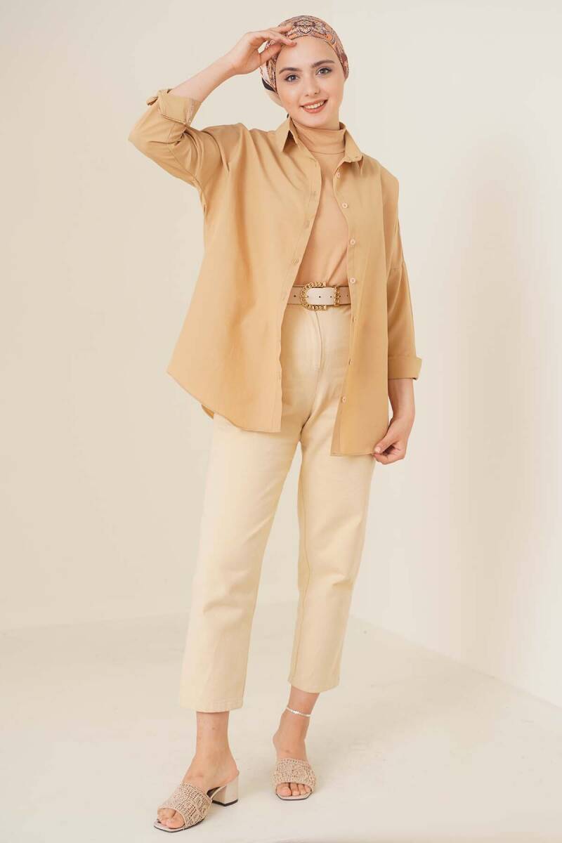 103901 Oversize Basic Tesettür Gömlek - Bej - BİGDART