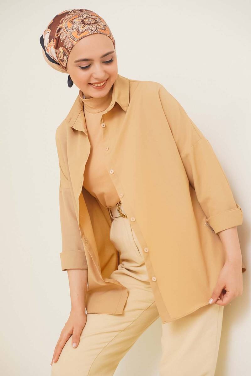 103901 Oversize Basic Tesettür Gömlek - Bej (1)