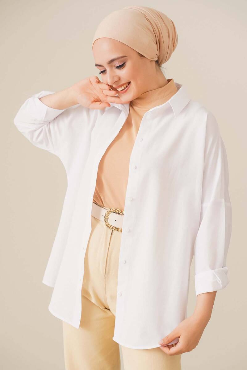 103901 Oversize Basic Tesettür Gömlek - Beyaz - BİGDART