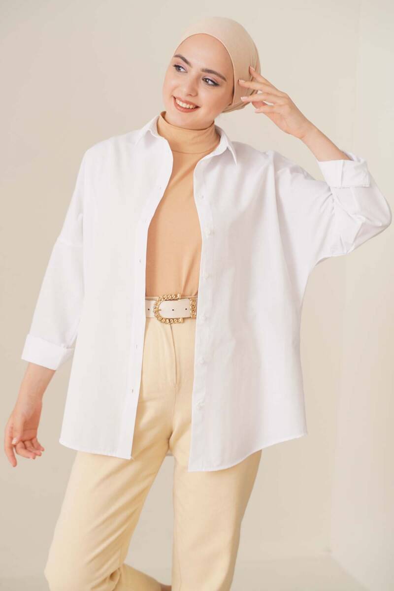 103901 Oversize Basic Tesettür Gömlek - Beyaz (1)