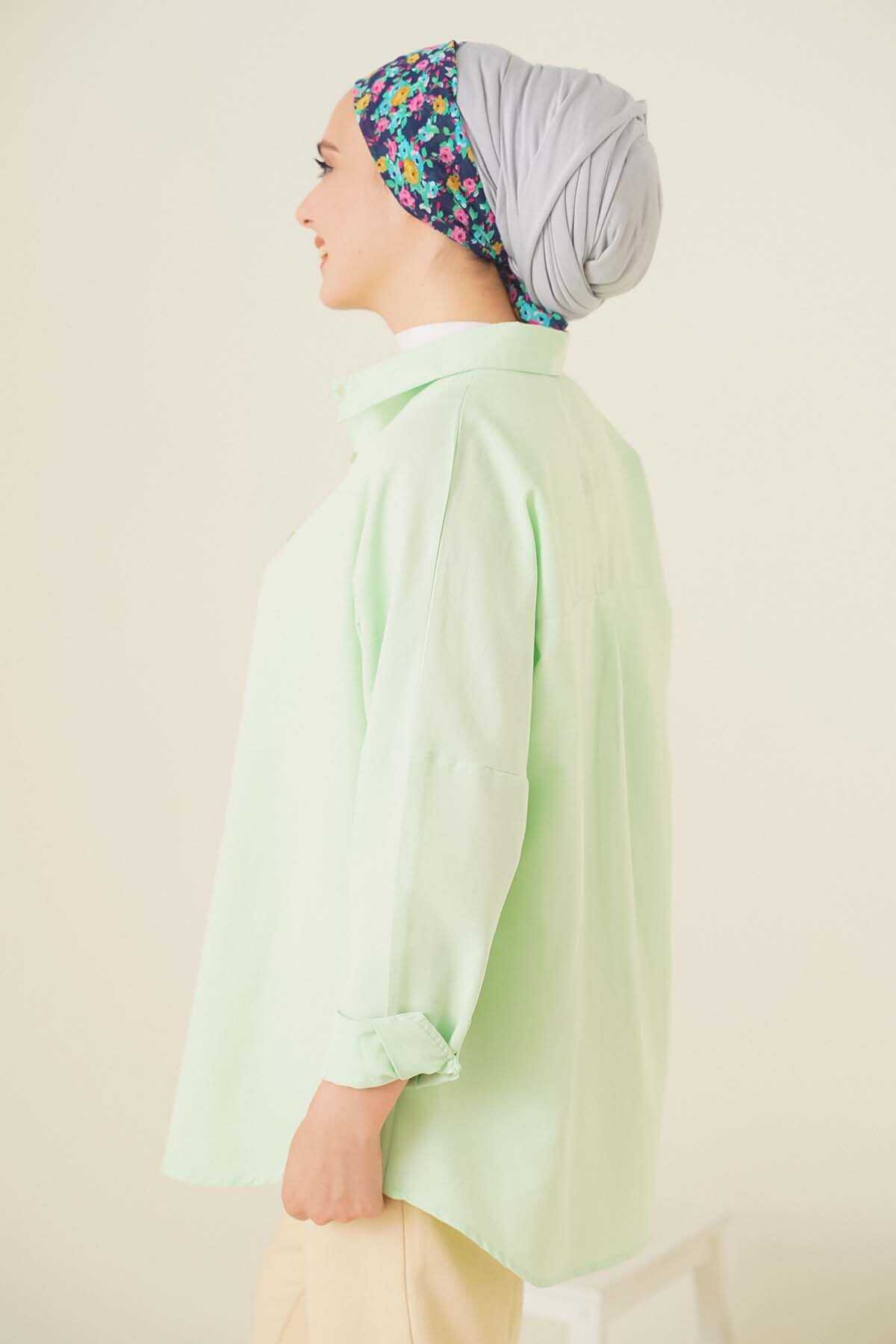 103901 Oversize Basic Tesettür Gömlek - E.Yeşil - 3
