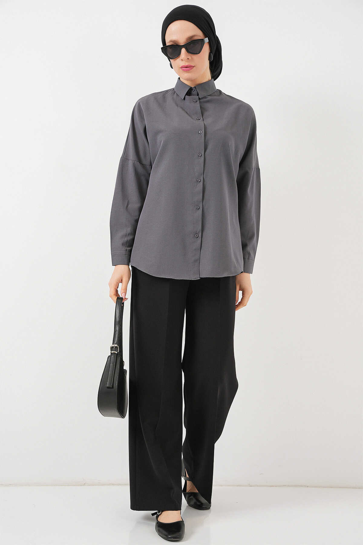 103901 Oversize Basic Tesettür Gömlek - Gri - 2