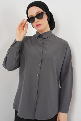 103901 Oversize Basic Tesettür Gömlek - Gri - 3