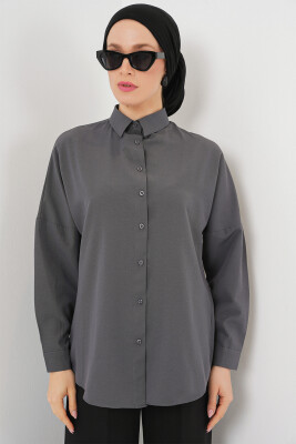 103901 Oversize Basic Tesettür Gömlek - Gri - 4