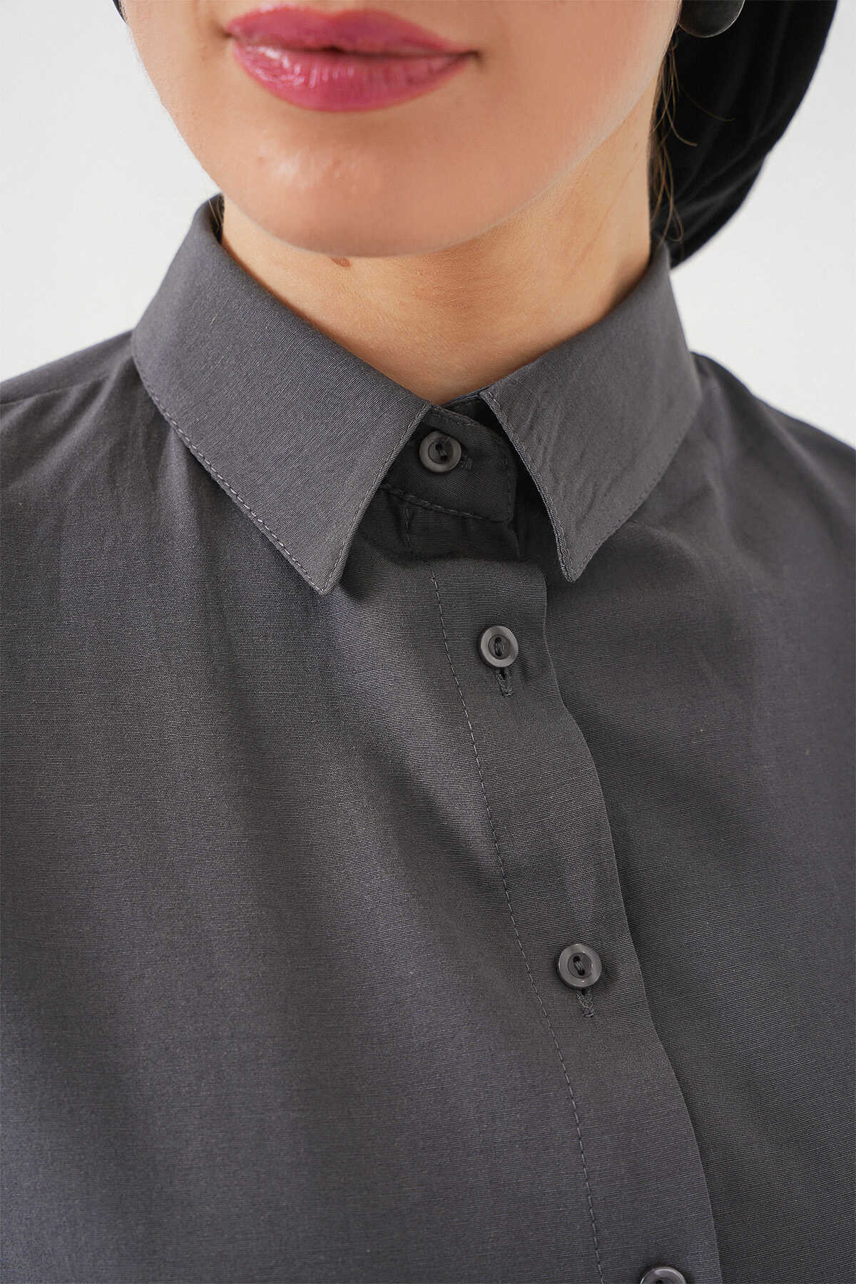 103901 Oversize Basic Tesettür Gömlek - Gri - 5