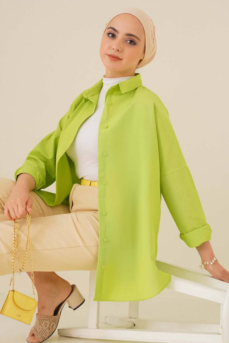 103901 Oversize Basic Tesettür Gömlek - G.Yeşil - BİGDART