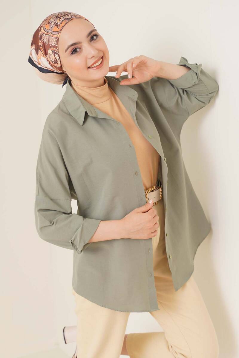 103901 Oversize Basic Tesettür Gömlek - Haki - BİGDART