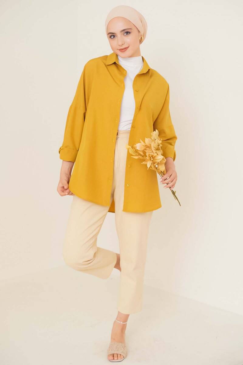 103901 Oversize Basic Tesettür Gömlek - Hardal - BİGDART