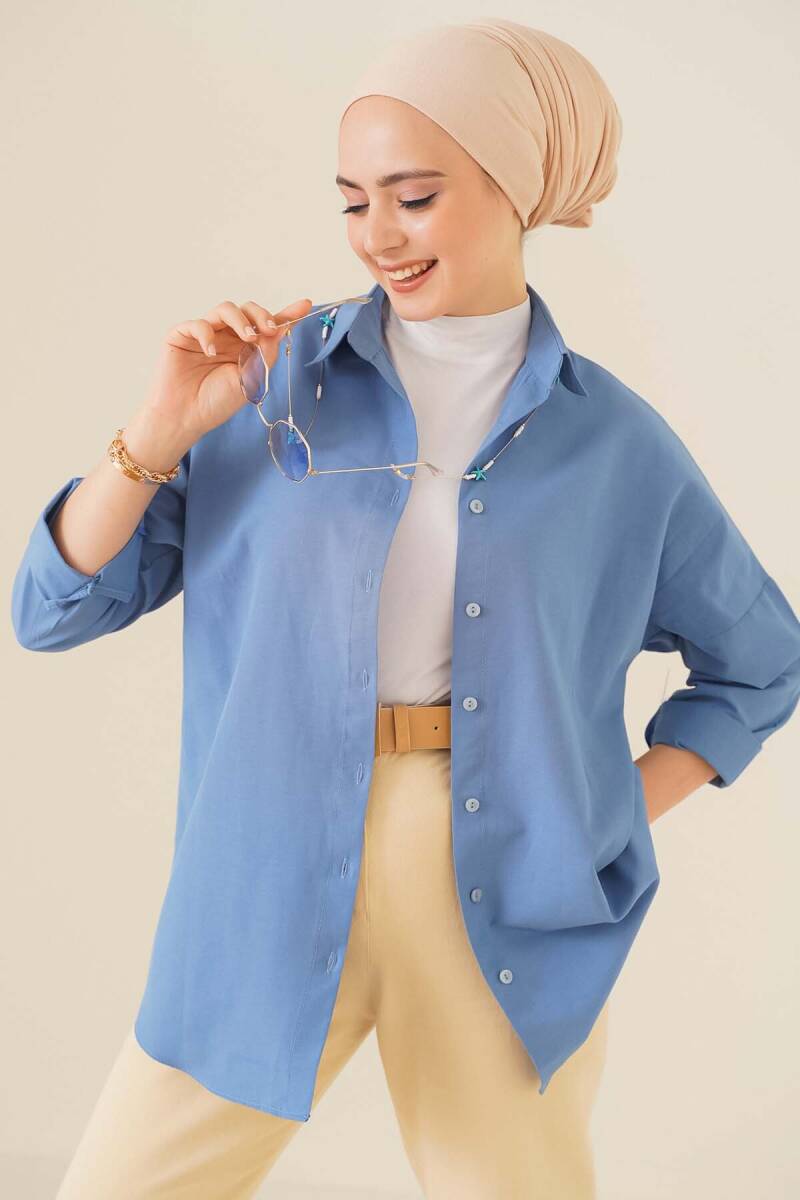 103901 Oversize Basic Tesettür Gömlek - İndigo - BİGDART
