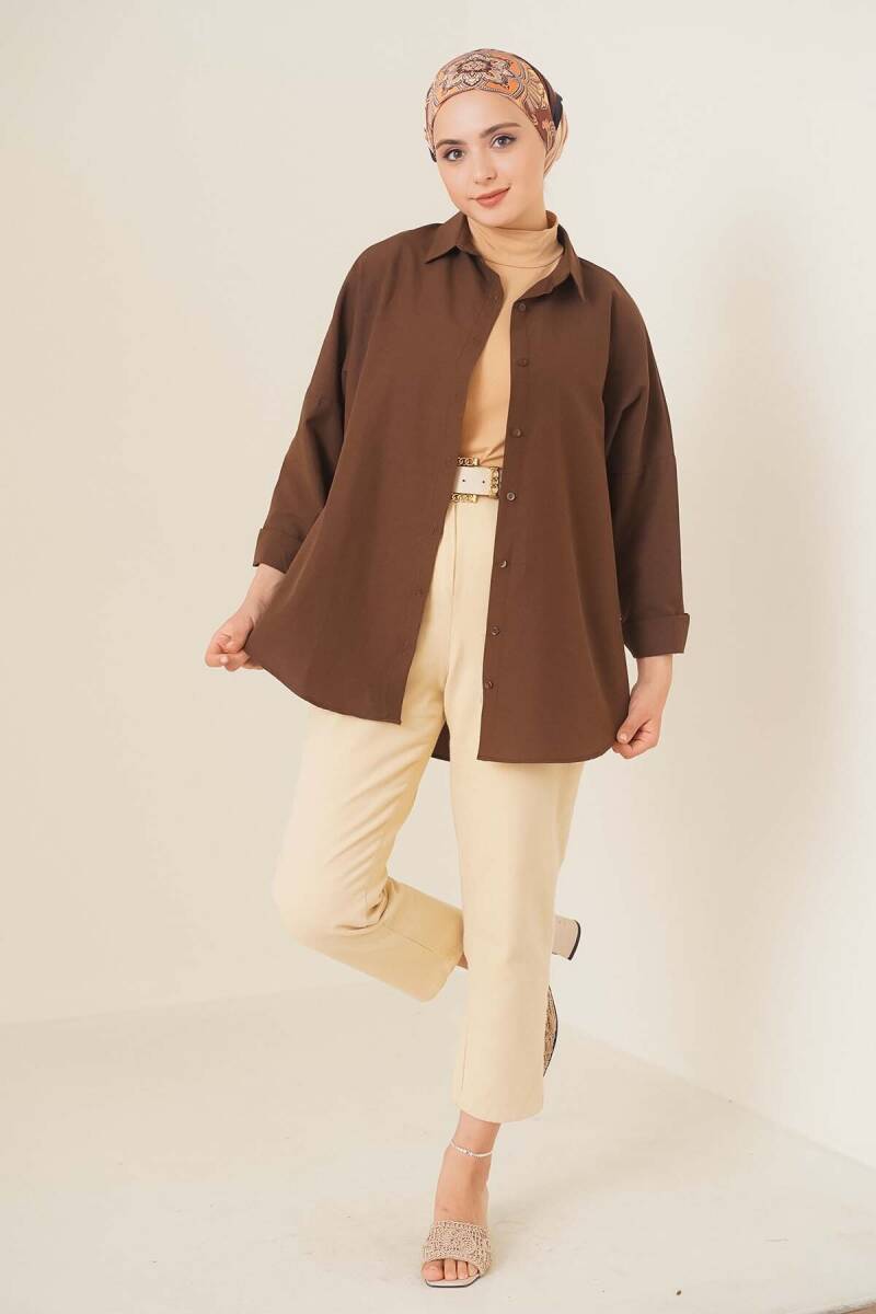 103901 Oversize Basic Tesettür Gömlek - Kahverengi (1)