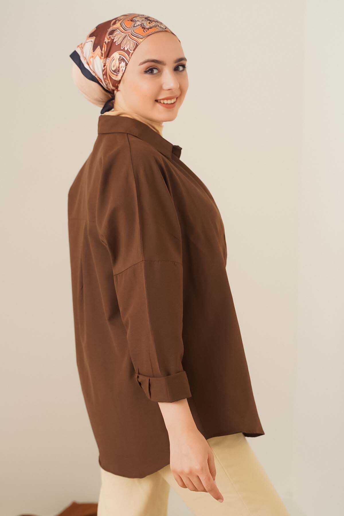 103901 Oversize Basic Tesettür Gömlek - Kahverengi - 3
