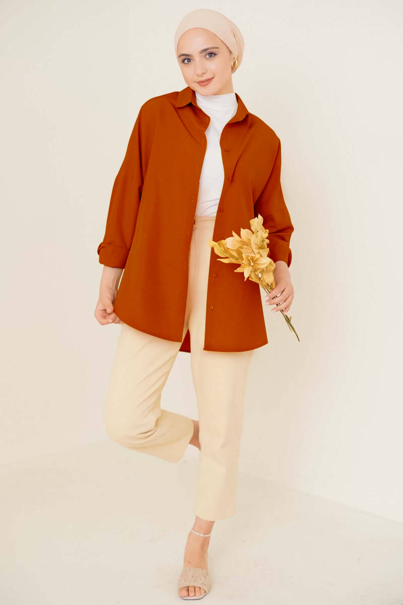 103901 Oversize Basic Tesettür Gömlek - Kiremit - BİGDART