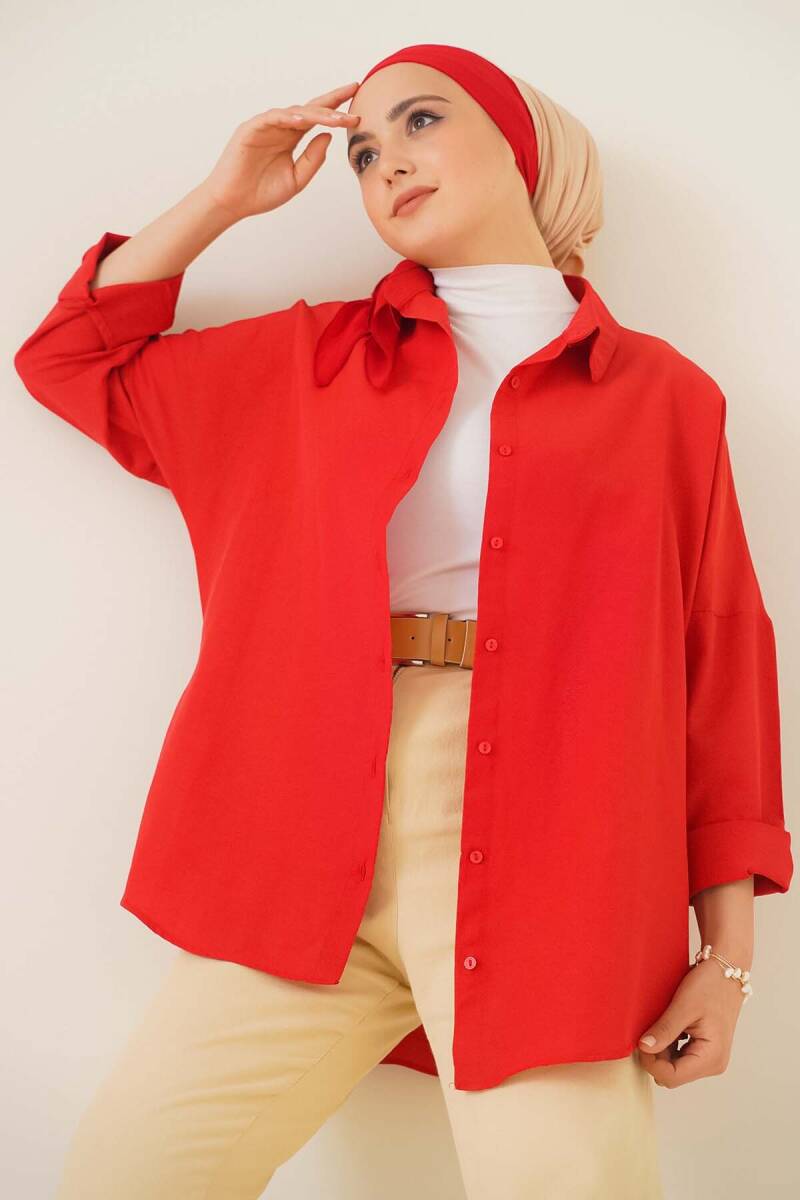103901 Oversize Basic Tesettür Gömlek - Kırmızı - BİGDART