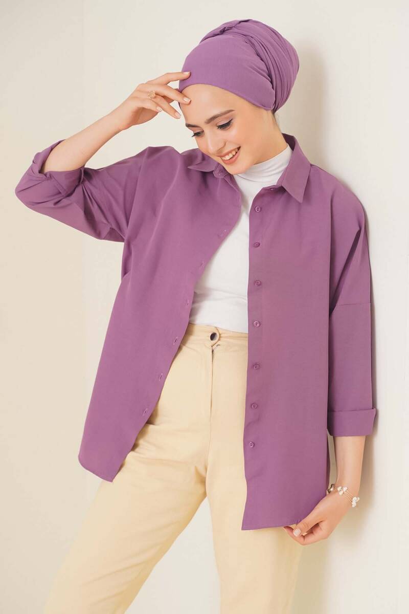 103901 Oversize Basic Tesettür Gömlek - Koyu Lila - BİGDART