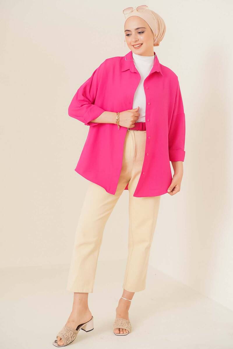 103901 Oversize Basic Tesettür Gömlek - Koyu Pembe - BİGDART