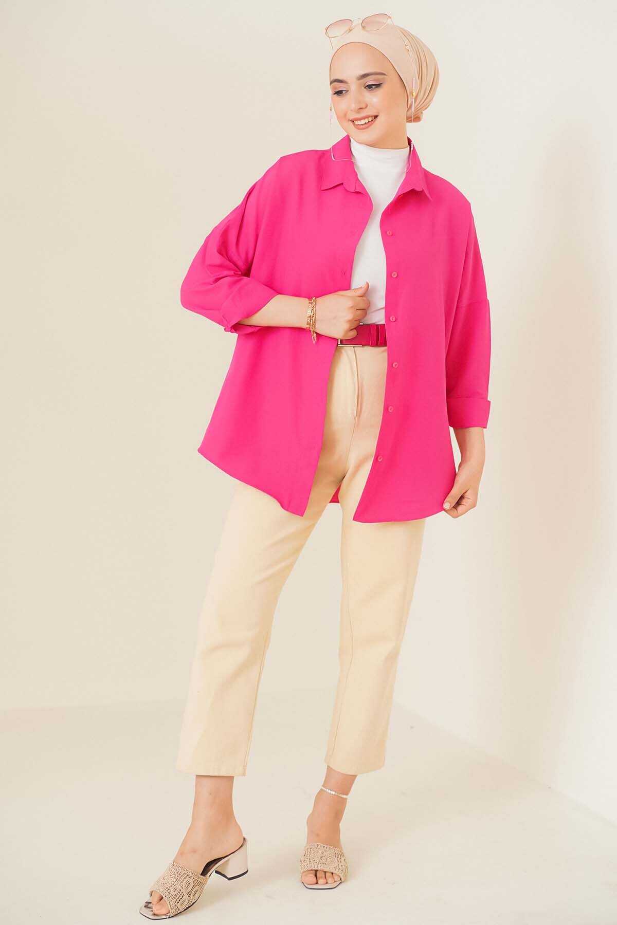 103901 Oversize Basic Tesettür Gömlek - Koyu Pembe - 1