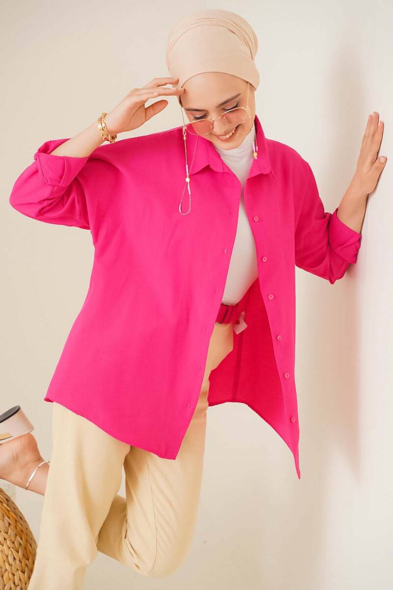 103901 Oversize Basic Tesettür Gömlek - Koyu Pembe (1)