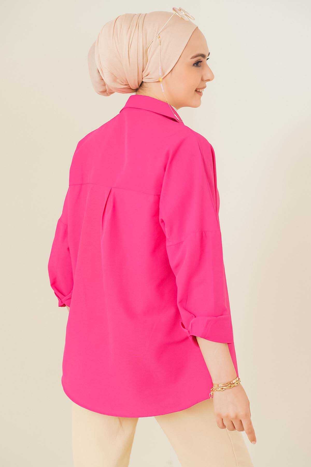 103901 Oversize Basic Tesettür Gömlek - Koyu Pembe - 3