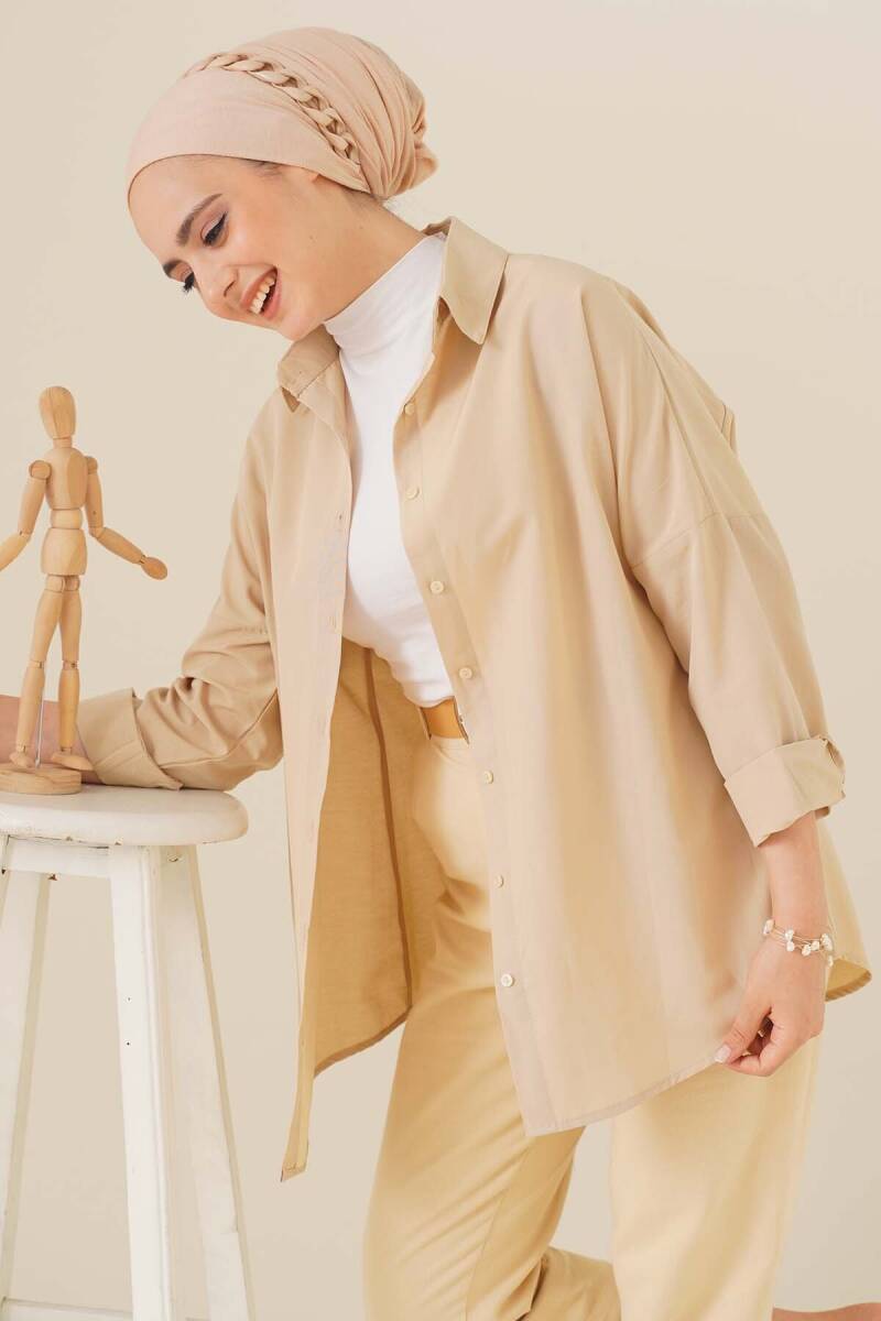 103901 Oversize Basic Tesettür Gömlek - Krem - BİGDART