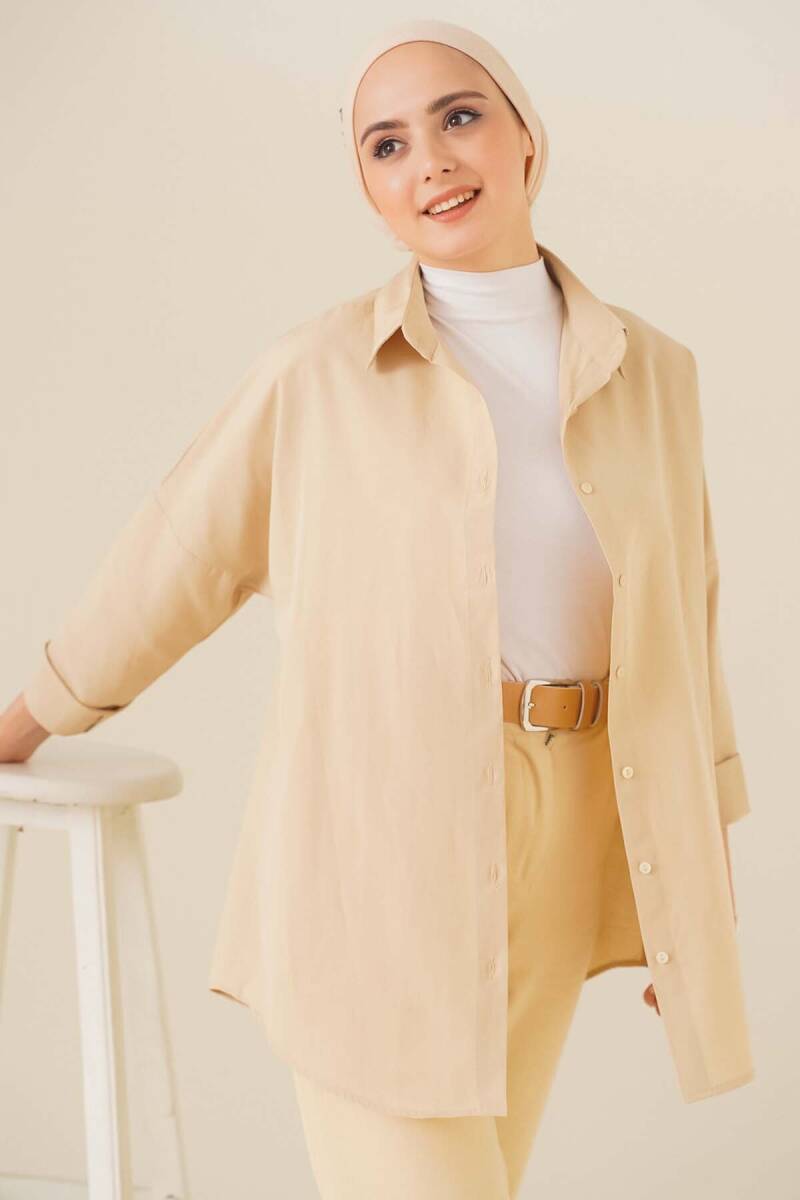 103901 Oversize Basic Tesettür Gömlek - Krem (1)