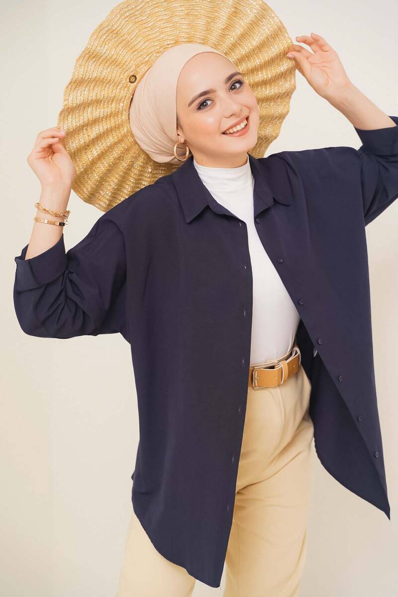 103901 Oversize Basic Tesettür Gömlek - Lacivert - BİGDART