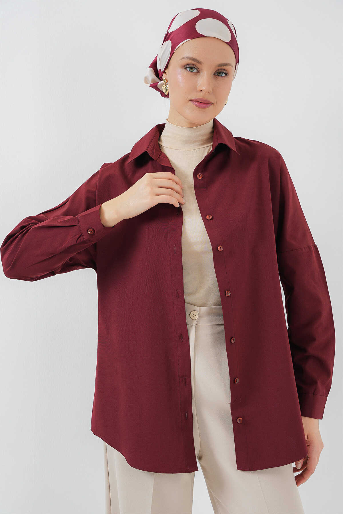 103901 Oversize Basic Tesettür Gömlek - Mürdüm - 1