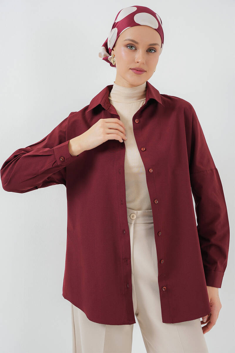 103901 Oversize Basic Tesettür Gömlek - Mürdüm