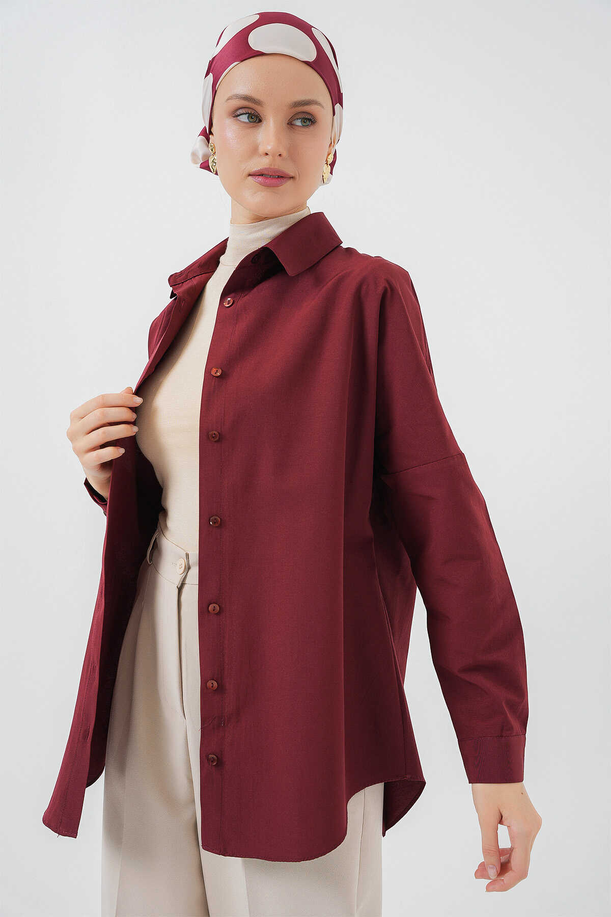 103901 Oversize Basic Tesettür Gömlek - Mürdüm - 2