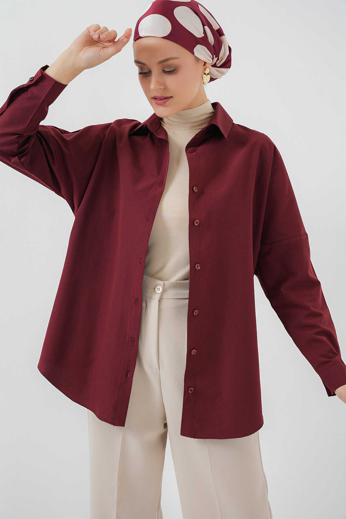 103901 Oversize Basic Tesettür Gömlek - Mürdüm - 3