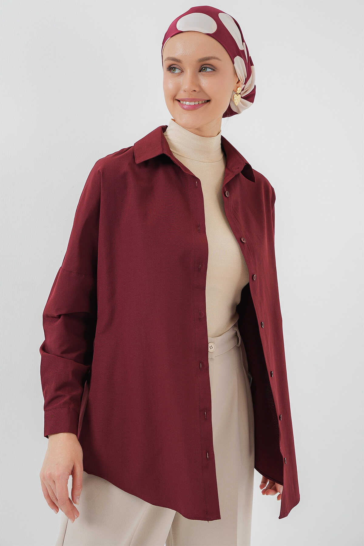 103901 Oversize Basic Tesettür Gömlek - Mürdüm - 4