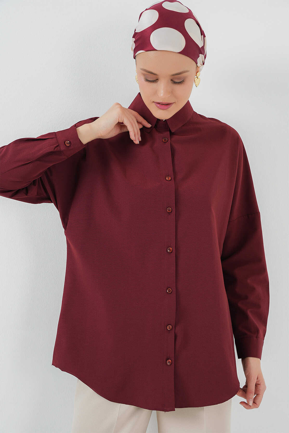 103901 Oversize Basic Tesettür Gömlek - Mürdüm - 5
