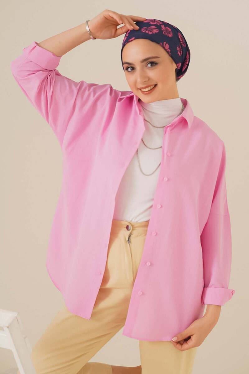 103901 Oversize Basic Tesettür Gömlek - Pembe - BİGDART