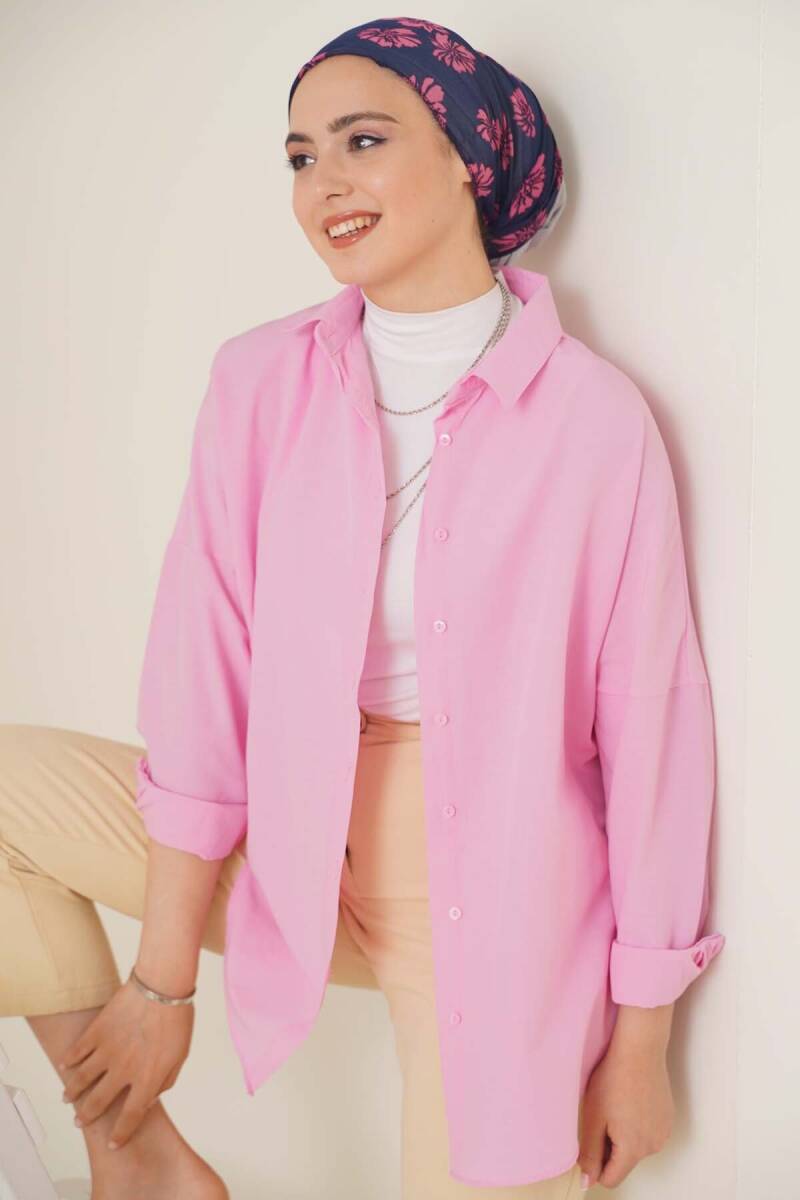 103901 Oversize Basic Tesettür Gömlek - Pembe (1)