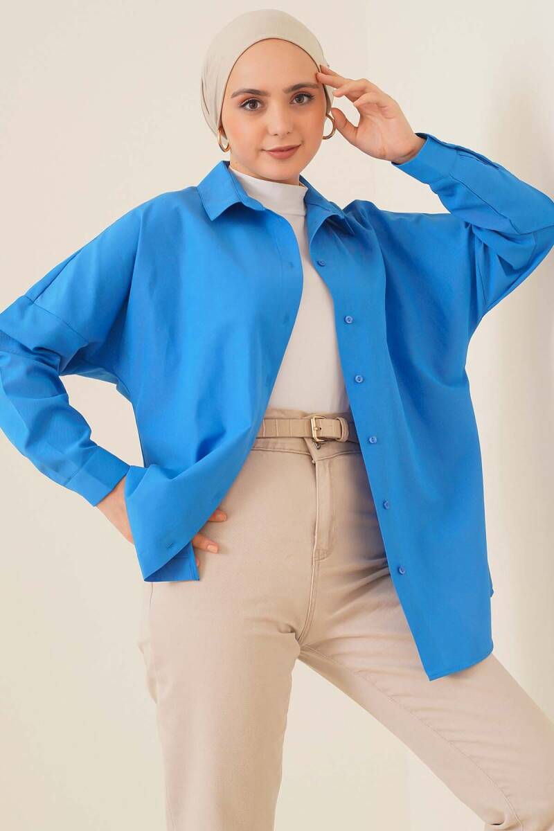 103901 Oversize Basic Tesettür Gömlek - Saks - BİGDART