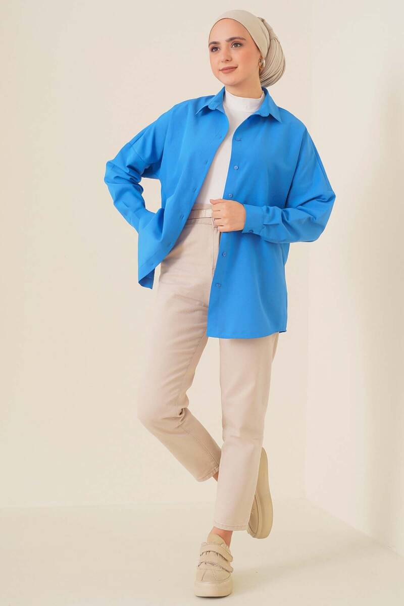 103901 Oversize Basic Tesettür Gömlek - Saks (1)